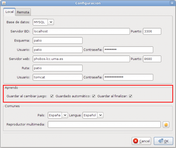 Panel para introducir los parámetros de configuración con el subpanel "Aprendo" marcado.