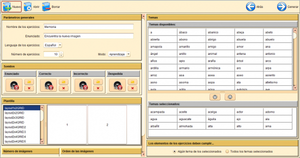 Aspecto inicial del editor automático de ejercicios Memoria