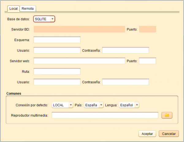 Panel para introducir los parámetros de configuración de la herramienta.